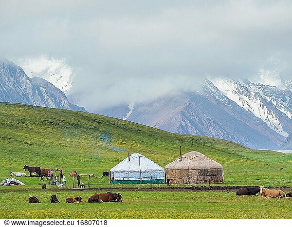 Traditional yurt the Transalai mountains in the background. Alaj valley in the Pamir Mountains Asia Central Asia Kyrgyzstan.