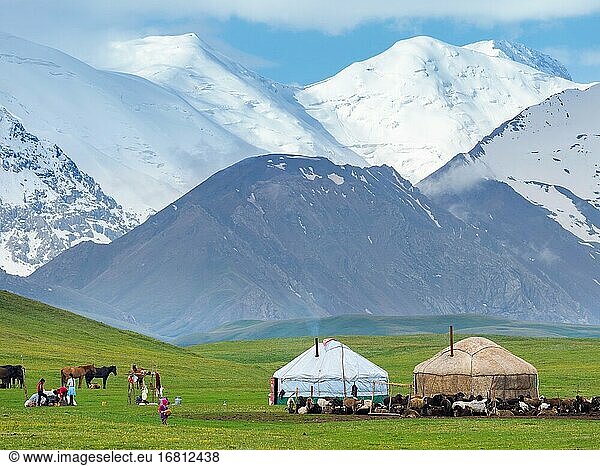 Traditional yurt the Transalai mountains in the background. Alaj valley in the Pamir Mountains Asia Central Asia Kyrgyzstan.