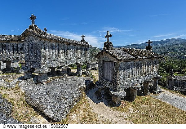 Traditionelle Espigueiros  Getreidespeicher  Dorf Soajo  Nationalpark Peneda Geres  Provinz Minho  Portugal  Europa