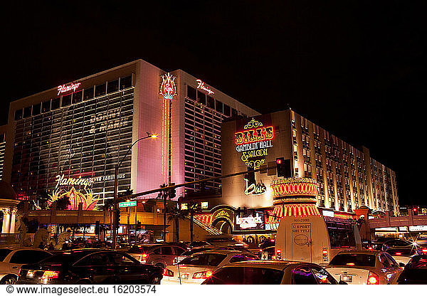 Traffic moving past stores and casinos on the Las Vegas Strip  Las Vegas  Nevada  USA