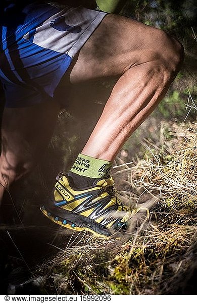 Trail runner running in the middle of nature. Leg detail.