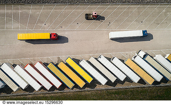 Trailers parked before being loaded onto ferry to UK  overhead view  Hook of Holland  Zuid-Holland  Netherlands