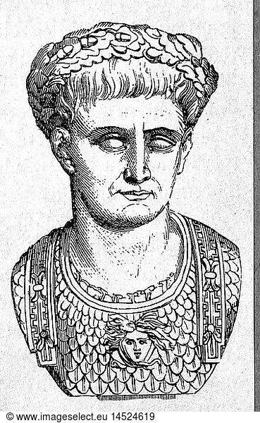 Trajan (Marcus Ulpius Traianus) 18.9.53 - 8.8.117  rÃ¶m. Kaiser 27.1.98 - 8.8.117  PortrÃ¤t  als Triumphator  Xylografie 19.Jahrhundert  nach BÃ¼ste  Glyptothek MÃ¼nchen  Imperator  Adoptivkaiser  geboren in Spanien  Offizier  Senator  Konsul 91  Statthalter (Legatus Augustus pro praetore) von Obergermanien (Germania superior) von Kaiser Nerva am 27.10.97 adoptiert  zum Caesar und Mitregent ernannt  erweiterung der Reichsgrenze durch Kriege gegen die Daker 101/102 und 106 und gegen die Parther 114 - 116