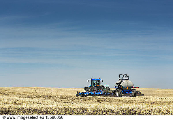 Traktor mit Einzelkornsämaschine auf einem Feld mit blauem Himmel und dunstigen Wolken  in der Nähe von Beiseker; Alberta  Kanada