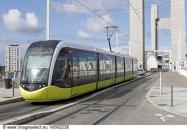 Tram on the bridge of Recouvrance in Brest  Brittany  France