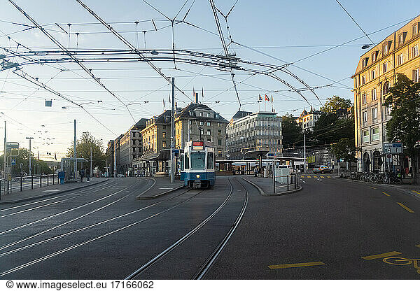 Tram station by Niederdorf in old town at Zurich  Switzerland