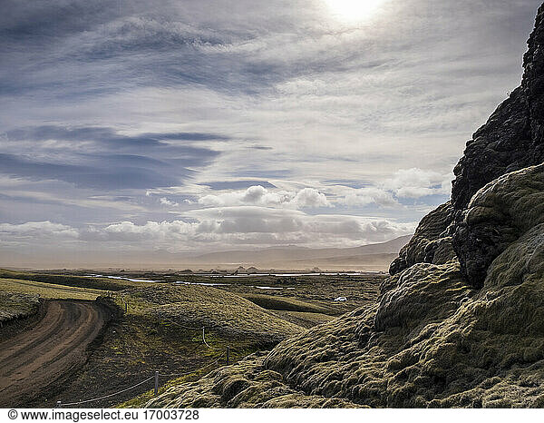 Tranquil scene of landscape with sandstorm against sky  Lakagigar  Iceland