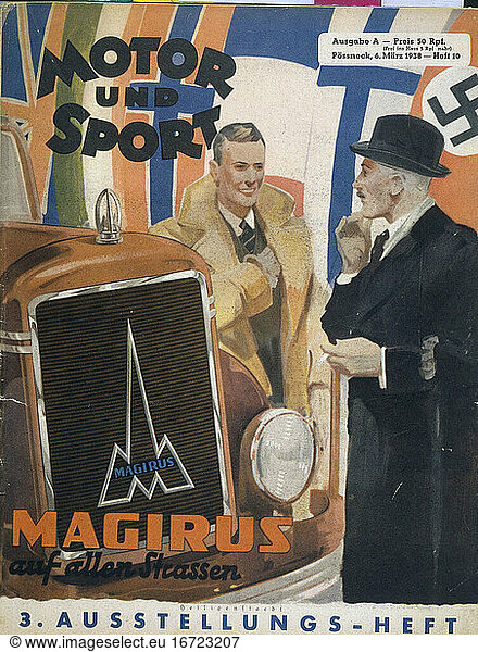 Transport:
Automobile / Trucks. “MAGIRUS auf allen Strassen . (MAGIRUS on all roads). Title page of the magazine “Motor und Sport   Pössneck (Vogel-Verlag) 
issue 10  6 March 1938.