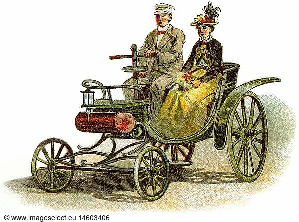 transport  car  driver  one of the first automobiles  very early illustration of a car ride  man at steering wheel  contemporary illustration  lithograph  Germany  circa 1894