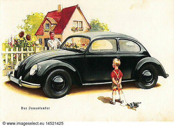 transport / transportation  car  vehicle variants  advertising for the new KdF car  little boy gazing the car  his father is standing in the garden  constructed by Ferdinand Porsche  inexpensive Volkswagen planned by the National Socialists  price: 990 reichsmark  Nazi organisation: Strength Through Joy  car with four-cylinder engine  opposed cylinder engine  maximum speed: 100 kph  consumption: 7 litre on 100 kilometer  planned beginning of production: autumn 1939  Germany  1938  house  houses  home  homes  idyll  idylls  idyllic  KdF car  forerunner of the VW beetle  car advertising  propaganda  National Socialism  German Reich  Third Reich  boy  boys  illustration  30s  motor car  auto  passenger car  motorcar  motorcars  autos  passenger cars  car  cars  autocar  automobile  autocars  automobiles  power-driven vehicle  motor vehicle  motor vehicles  driving machine  vehicle  vehicles  driving device  transport  transportation  mobility  demagogy  demagoguery  1930s  20th century  gaze  gazing  father  fathers  garden  gardens  inexpensive  low-cost  historic  historical  people
