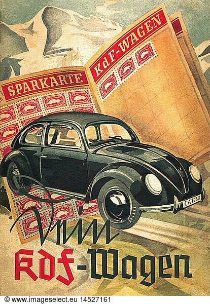 transport / transportation  car  vehicle variants  KdF car  constructed by Ferdinand Porsche  inexpensive Volkswagen planned by the National Socialists  price: 990 reichsmark  purchaser described request on delivery of a car  getting savings booklet  with savings stamps  at least five reichsmark per week  four-cylinder engine  opposed cylinder engine  maximum speed: 100 kph  consumption: 7 litre on 100 kilometer  planned beginning of production: autumn 1939  brochure  Germany  1939