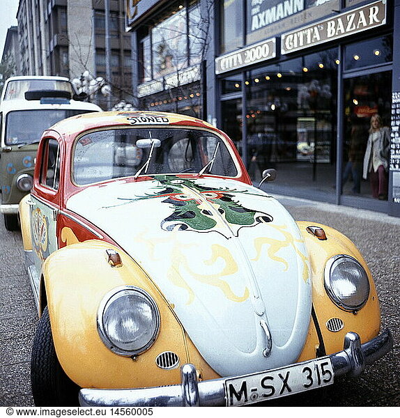 transport / transportation  car  vehicle variants  Volkkswagen  painted VW Beetle in front of Citta 200  Leopoldstrasse  Munich  1960s