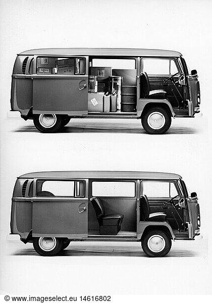 transport / transportation  car  vehicle variants  Volkswagen  VW Type 2  Transporter T2  side view  historic  historical  Europe  20th century  opened  clipping  crop out  cart load  seats