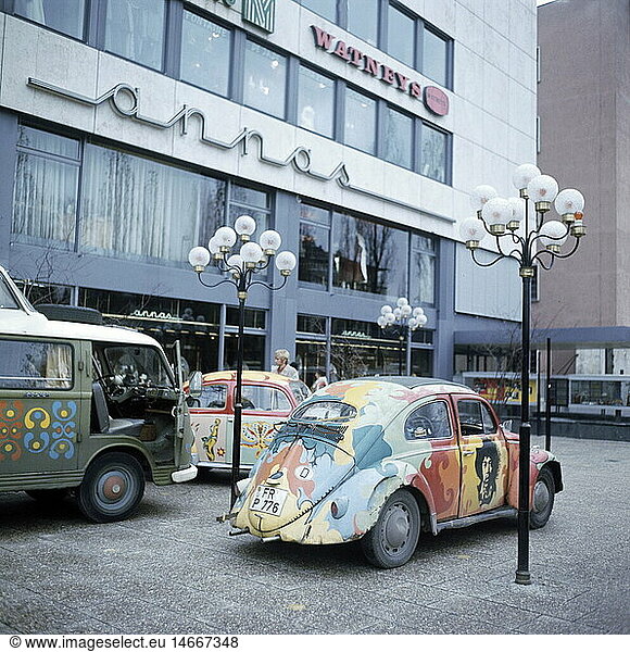 transport / transportation  car  Volkswagen  painted cars in Munich  Germany  circa 1970  historic  historical  Europe  20th century  VW Type 1  Beetle  Type 2  Transporter  Flower Power  painting  1960s  1970s