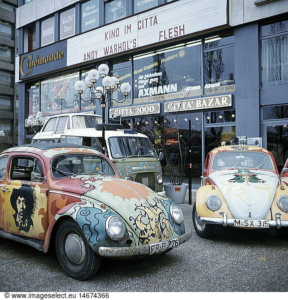 transport / transportation  car  Volkswagen  painted cars in Munich  Germany  historic  historical  Europe  20th century  VW Type 1  Beetle  Type 2  Transporter  Flower Power  painting  1960s  1970s
