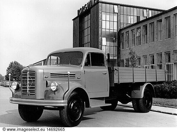 transport / transportation  cars  vehicle variants  Borgward lorry B 4000  in front of Borgward Works  Bremen  1957  B4000  car  truck  utility vehicle  flat-bed  1950s  50s  20th century  historic  historical