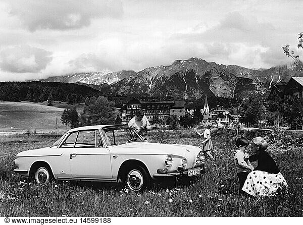 transport / transportation  cars  vehicle variants  Volkswagen  family on a trip with VW Karmann Ghia Coupe Typ 34  circa 1970  historic  historical  20th century  60s  70s  1960s  1970s  car  automobile  Karman  Karmann-Ghia  grass  meadow  nature  mountains  Alps  car  VW  people