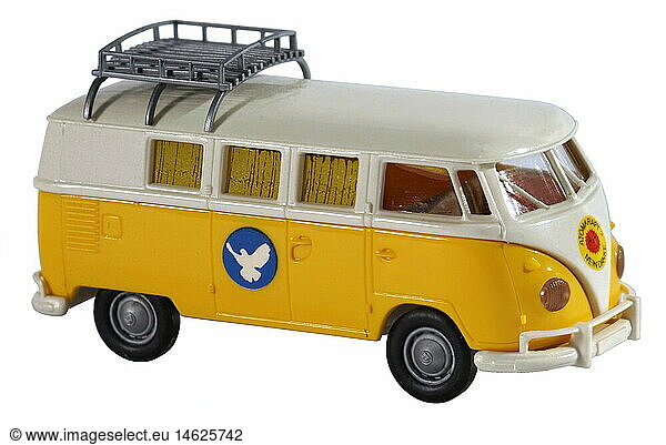 transport / transportation  cars  vehicle variants  Volkswagen  VW Transporter T1  Germany  circa 1976 until 1981  historic  historical  car  vehicle  vehicles  sticker  peace movement  roof rack  roof luggage rack  yellow  amber  dinky car  dinky cars  clipping  cut out  cut-out  cut-outs  1970s  1980s  20th century