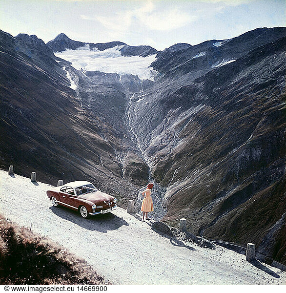 transport / transportation  cars  Volkswagen  VW 1500 Karmann-Ghia coupe  vehicle variants 14  rest on a mountain road  circa 1960  vehicle  vehicles  people  woman  women  female  mounts  mount  mountains  mountain  Alps  glacier  glaciers  road  roads  journey  holiday  vacation  holidays  leisure time  free time  spare time  20th century  Karmann Ghia  transport  transportation  cars  car  vehicle variants  vehicle variants  historic  historical  1950s  1960s