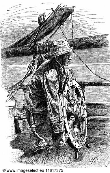 transport / transportation  navigation  living and working on the ship  sailor at the helm of sailing shipwood engraving  19th century  graphic  graphics  sailing ship  sailing ships  steering wheel  helmsman  helmsperson  helmsmen  oilskin  historical  headpiece  headpieces  headgear  cap  caps  souwester  seafarer  mariner  seafarers  mariners  windjammer  ship  ships  navigation  shipping traffic  water transport  shipping  transport  transportation  living  live  sailor  seaman  sailors  seamen  rudder  helm  historic  man  men  male  people
