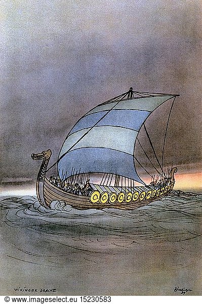 transport / transportation  navigation  Vikings  Viking ship  watercolour by Oskar Nerlinger  1939