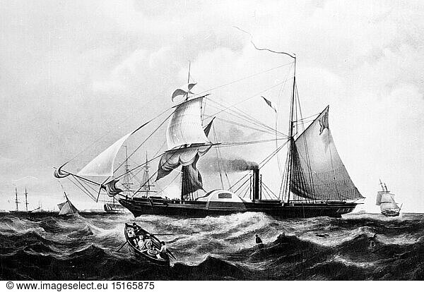 transport / transportation  navigation  warship  British paddle wheel frigate HMS Cyclops  in commission 1840 - 1863  after painting by H. Paprill after Knell  1840  Royal Navy  Great Britain  United Kingdom  paddle steamer  paddle steamers  steamship  steamships  sail steamer  two master  two masters  frigate  frigates  man-of-war  ships  ship  military  armed forces  naval forces  navy  19th century  no-people  transport  transportation  warship  warships  historic  historical