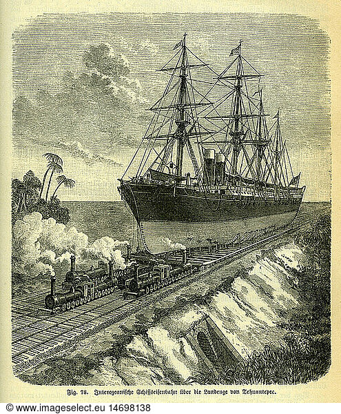 transport / transportation  railway  Inter-Oceanic ship train across the isthmus of Tehuantepec  project of the American hydraulic engineer James Buchanan Eads  before the building of the Panama Canal the ships should cross the shortest way between the Gulf of Mexico and the Pacific haul by train  the project failed after the death of Eads 1887  wood engraving  Mexico  1885  overland connection  abbreviation  abbreviations  ships  ship  locomotive  loco  locomotives  public transport  public transportation  public transit  public conveyance  haul  hauling  invention  inventions  advancement  engineering  technics  19th century  course  line  route  courses  lines  routes  track vehicle  track vehicles  driving machine  driving device  constructions  land bridge  land bridges  isthmus  neck of land  water craft  watercraft  water crafts  watercrafts  vessel  vessels  vehicle  vehicles  navigation  shipping traffic  water transport  shipping  transport  transportation  mobility  technology  technologies  railway  railroad  railways  railroads  plan  projects  plans  building  under construction  historic  historical