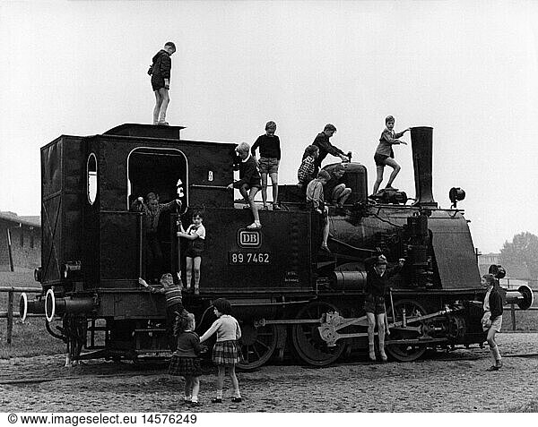 transport / transportation  railway  steam engine  shunting engine 'Hannover 6193'  built 1904  after decommission as playground equipment  zoo  Cologne  Germany  1960s