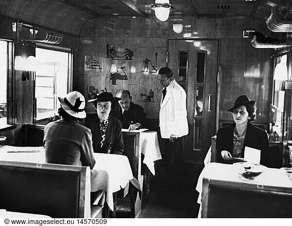 transport / transportation  railway  waggons  dining car interior view  Deutsche Reichsbahn public relations  1930s