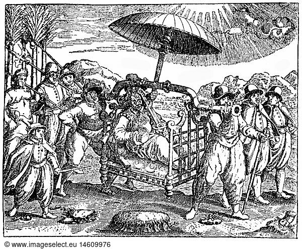 transport / transportation  sedan chair  leader of a Portuguese expedition in India is carried in a sedan chair  woodcut  16th century  16th century  Asia  India  Portugal  expedition  expeditions  colonialism  transporting  servant  servants  manservant  menservants  carrying  carry  shade  shades  sunshade  sunshades  protection  half length  going  go  walking  walk  transport  transportation  leader  leaders  sedan chair  sedans  sedan chairs  woodcut  woodcuts  historic  historical  man  men  male  people