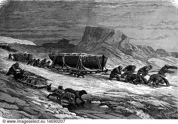 transport / transportation  sledges  transport by sledge on the polar ice  wood engraving after Edouard Riou  late 19th century  arctic  North Pole  polar expedition  polar expeditions  people  boats  boat  dog  dogs  animal  animals  men  man  pull  pulling  drag  dragging  ice  transport  transporting  haul  hauling  historic  historical
