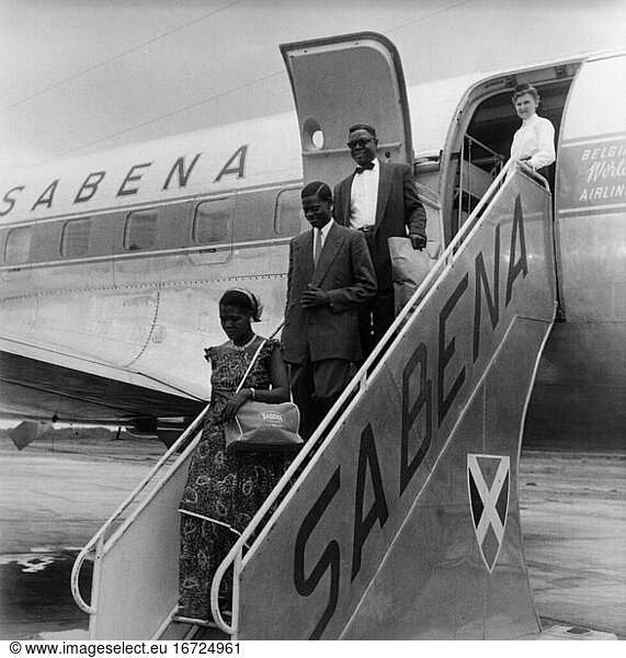 Travel:
Air Travel / Aeroplanes. Disembarkation from an aeroplane belonging to the Belgian Sabena Airlines at the airport in Léopoldville  Belgian Congo (today Kinshasa  Democratic Republic of Congo). Photo  1959.