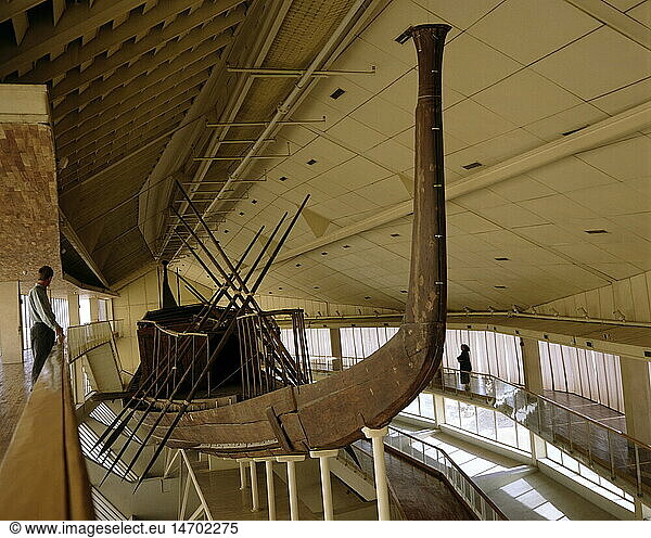 travel /geography  traffic / transport  navigation  ancient world  Egypt  royal barque of pharaoh Khufu for transferring his corpse to his last home  circa 2575 - 2465 BC  Solar Boat museum  Gizah  Giza  historic  historical  Africa  Old Kingdom  4th dynasty  26th / 25th century BC  barques  boats  ship  ships  ritual  burial  ancient world