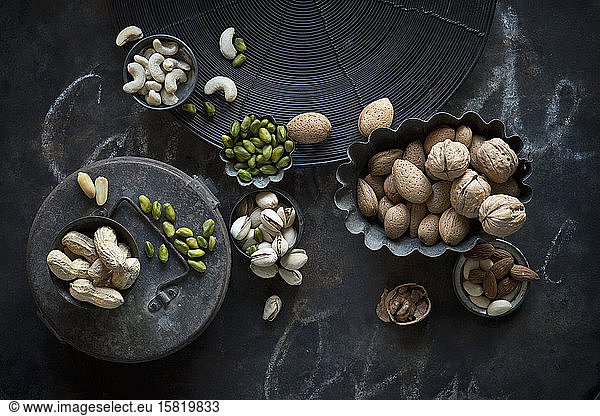 Tray and bowls of various nuts