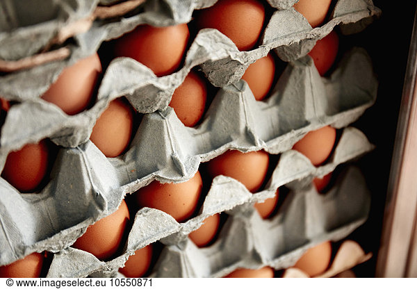 Trays of organic free range hen's eggs stacked up  with eggs of different sizes and colours.