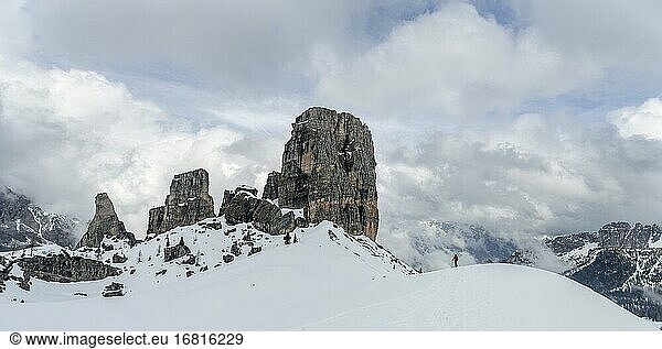 Trekker at Cinque torri  Dolomites  Italian Alps