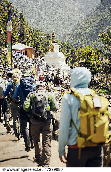 Trekkers ascending towards Namche Bazaar  Nepal