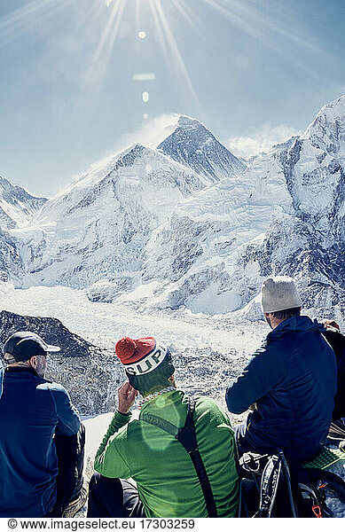 Trekkers enjoying the view of the Mount Everest Summit  Nepal