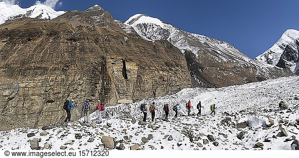Trekking group at Chonbarden Glacier  Dhaulagiri Circuit Trek  Himalaya  Nepal