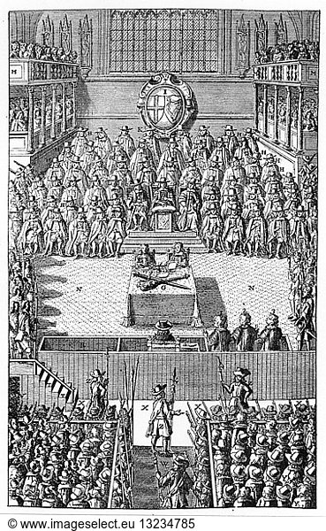 Trial of Charles I  January 1649. Charles I (1600-1649)  king of Great Britain and Ireland from 1625  on trial by Parliament in Westminster Hall  London. Charles  as an absolute monarch  did not accept the authority of the court and his refusal to plead was construed as a ple of guilty.