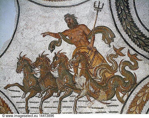 Triumph of Neptune. Neptune  Roman god of the sea (Greek: Poseidon) carrying his trident and riding in chariot pulled by horses with dolphin tails. 2nd century AD mosaic from Sousse (Susah). Bardo Museum  Tunis.