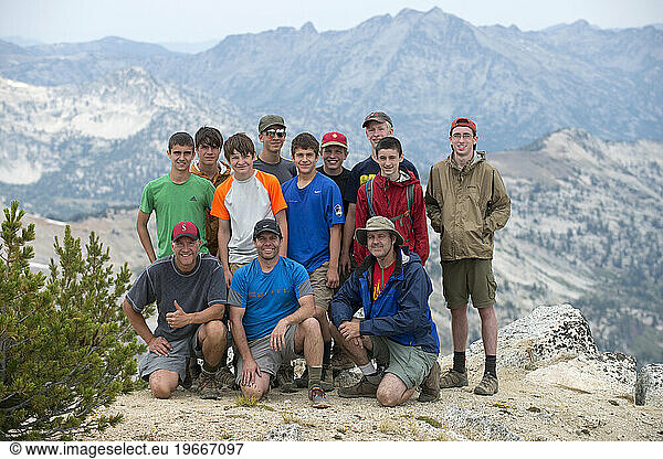 Troop 224 stands on the summit of Eagle Cap Peak in the Eagle Cap Wilderness in northeastern Oregon on Day 4 of their trek. (see caption image for names)