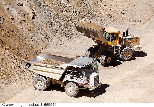 Truck working in a quarry  Pedrera Sevilla. Andalusia Spain. Europe.