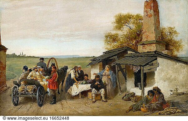 Trutovsky Konstantin - Stadtreisende  denen in einer ukrainischen Behausung am Straßenrand Obst angeboten wird - Russische Schule - 19. Jahrhundert.