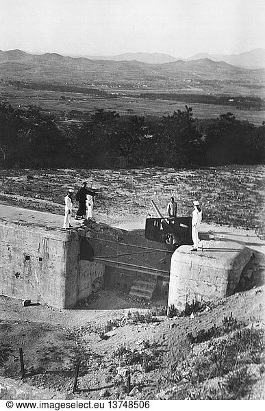 Tsingtao  China: c. 1927 Sailors from the USS Pittsburgh visit the former German fortifications on Bismarck Hill near Tsingtao.