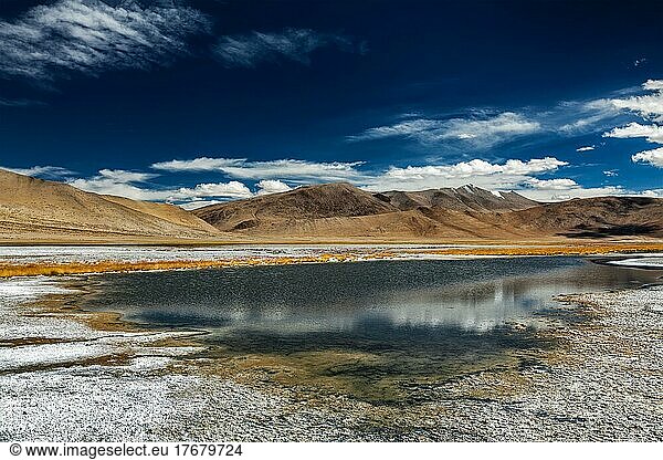 Tso Kar  fluctuating salt lake in Himalayas. Rapshu  Ladakh  Jammu and Kashmir  India  Asia