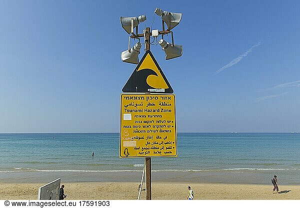 Tsunami warning sign  beach  Tel Aviv  Israel  Asia