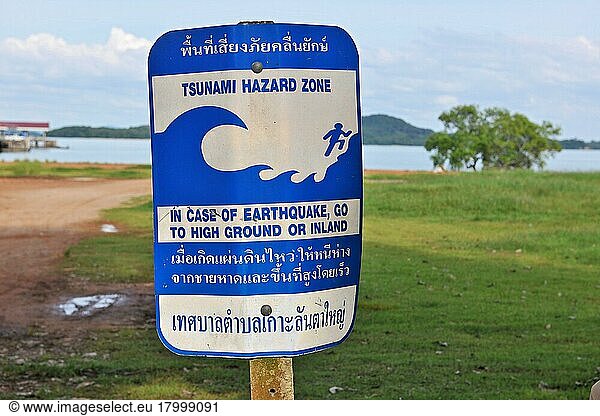 Tsunami warning sign near the beach  Koh Lanta Island  Thailand  Asia
