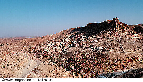 Tunisia  Tataouine  Chenini  Panoramic view of desert village