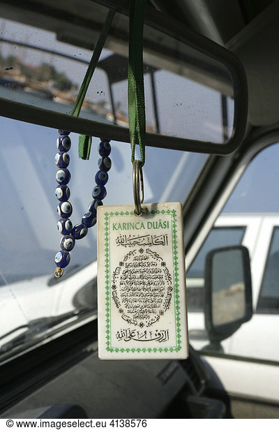TUR Turkey Side Lucky charm in a car blue eyes chain and koran verse
